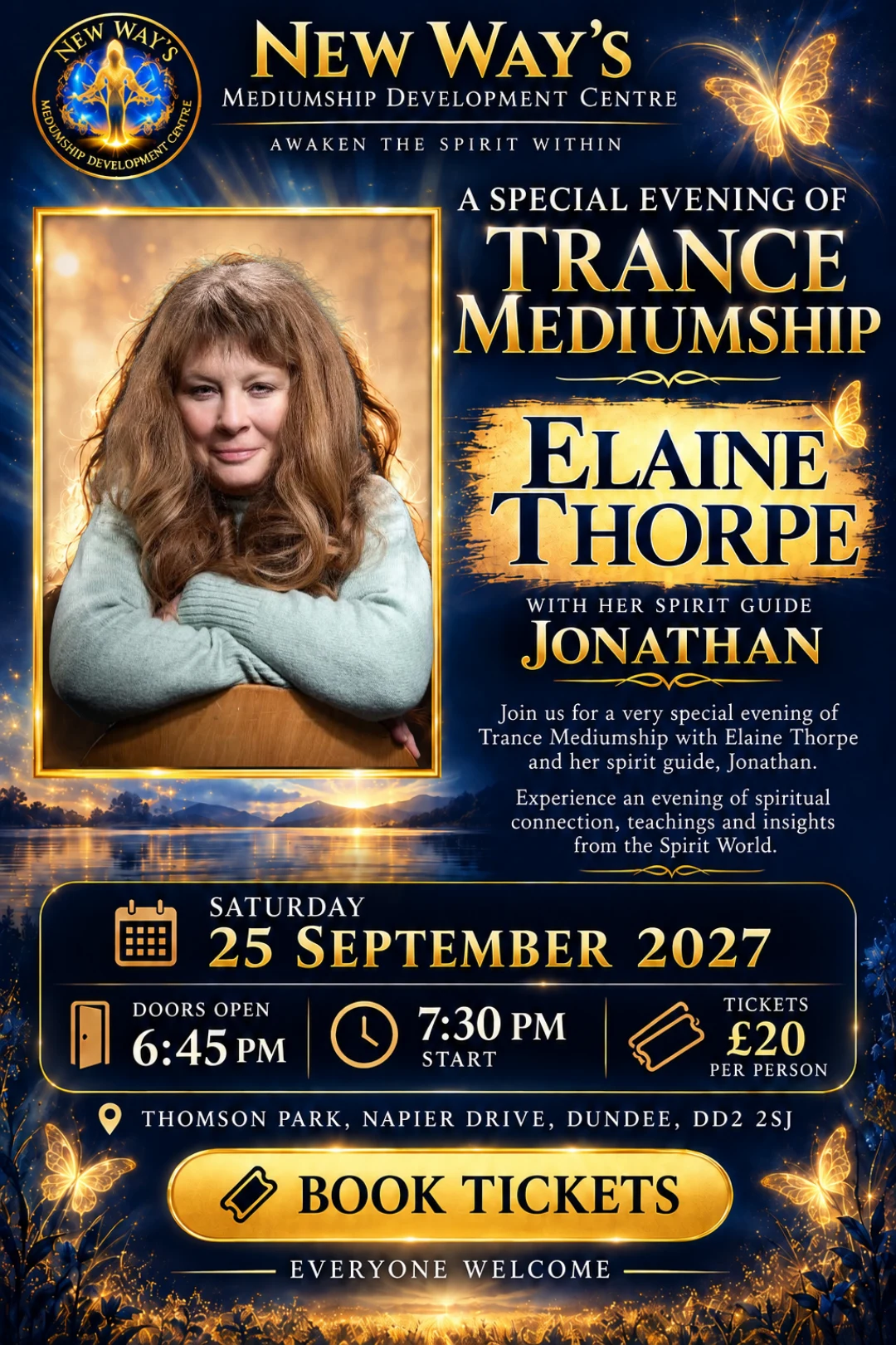 Poster for An Evening of Trance Mediumship with Elaine Thorpe, Trance Medium and Spiritual Artist from Kent, England