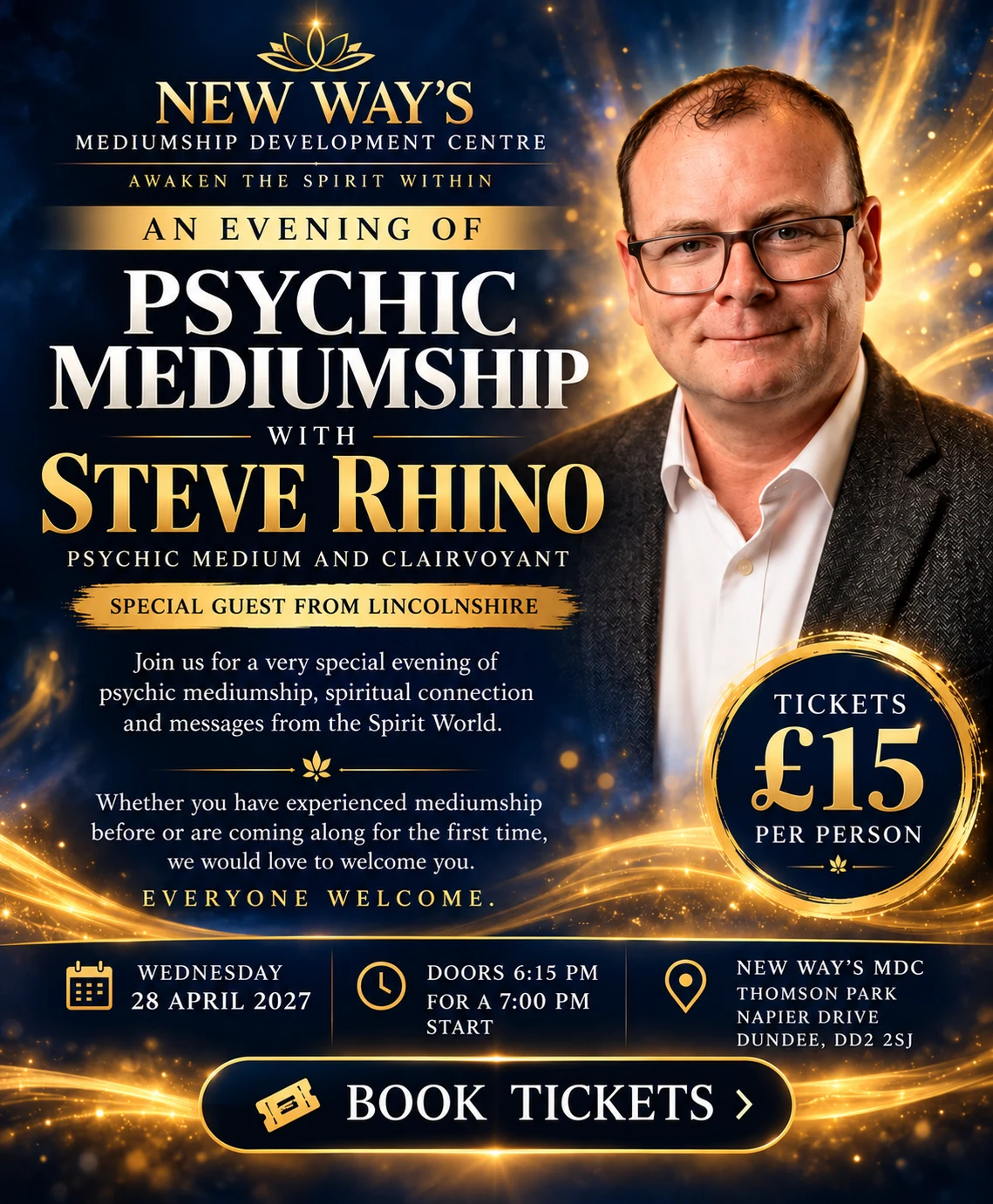 Poster for An Evening of Mediumship with Medium Steve Rhino from Lincolnshire